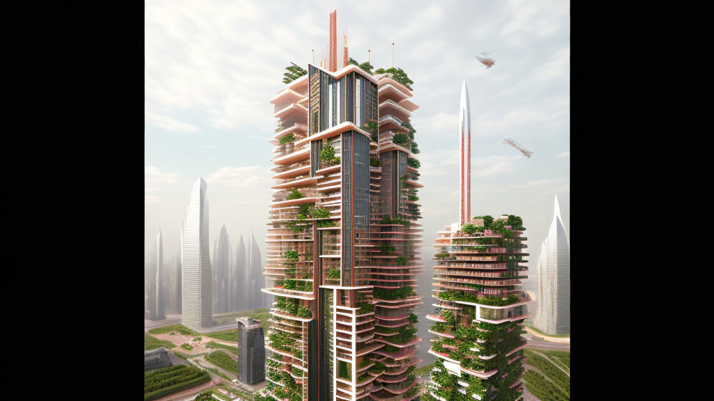 Futuristic skyscraper with green terraces in cityscape with flying vehicles