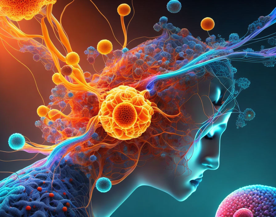 Vibrant female profile illustration with abstract neural and cellular structures