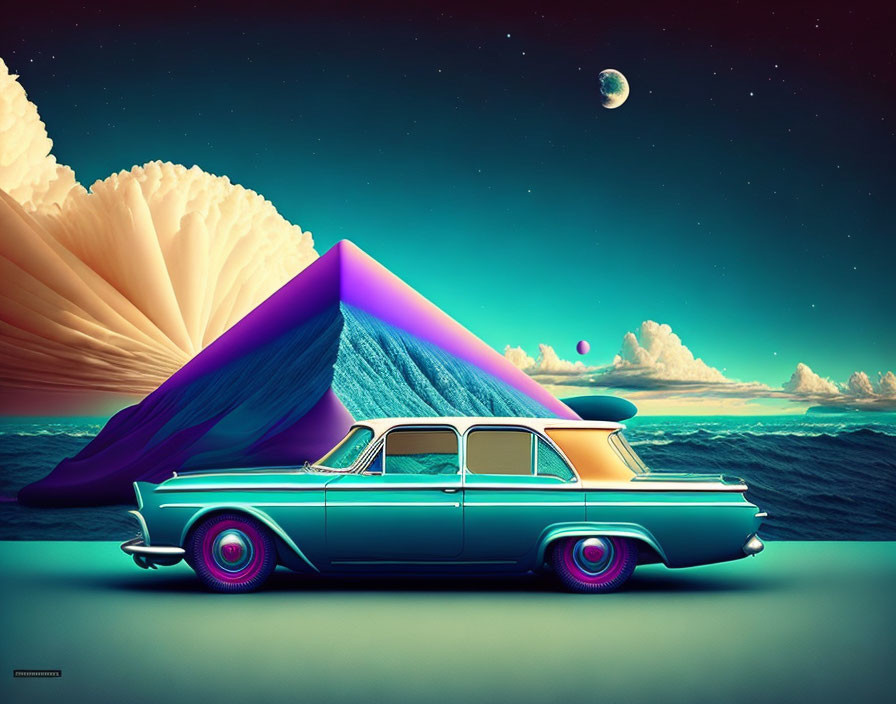 Vintage Car Parked in Surreal Landscape with Giant Shell and Colorful Mountains