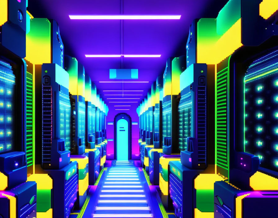 Neon Blue and Purple Lit Server Room with Glowing Data Servers