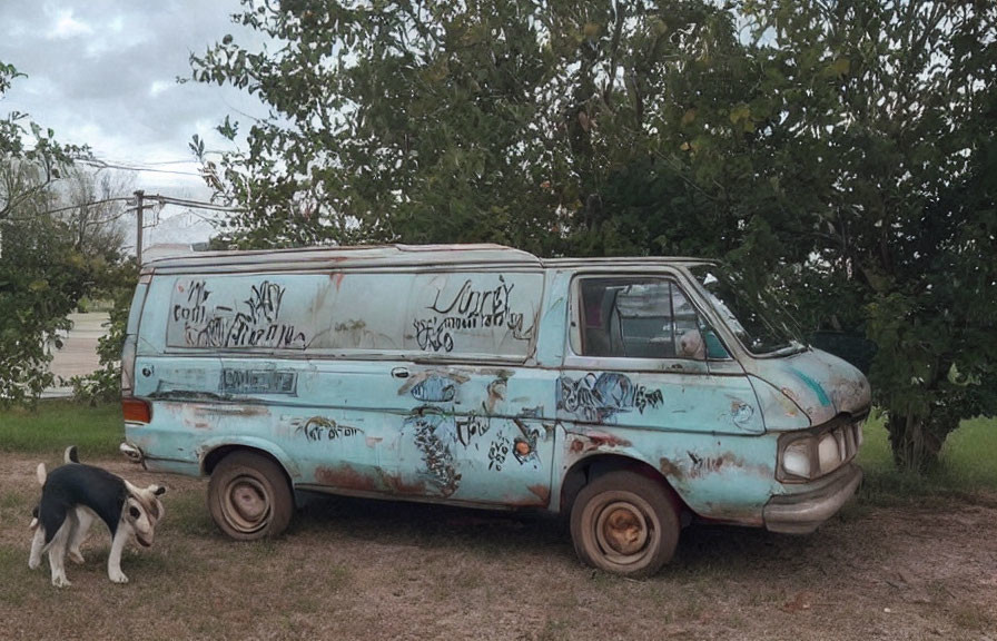 Rusty blue van with graffiti, dog, and trees by road