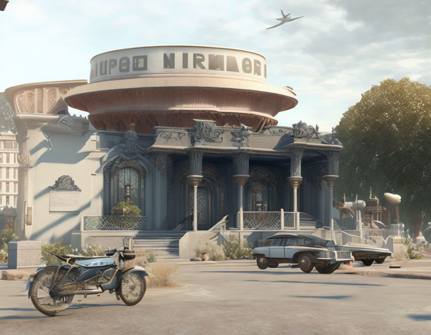 Retro-futuristic scene with classic car, motorcycle, and ornate building.