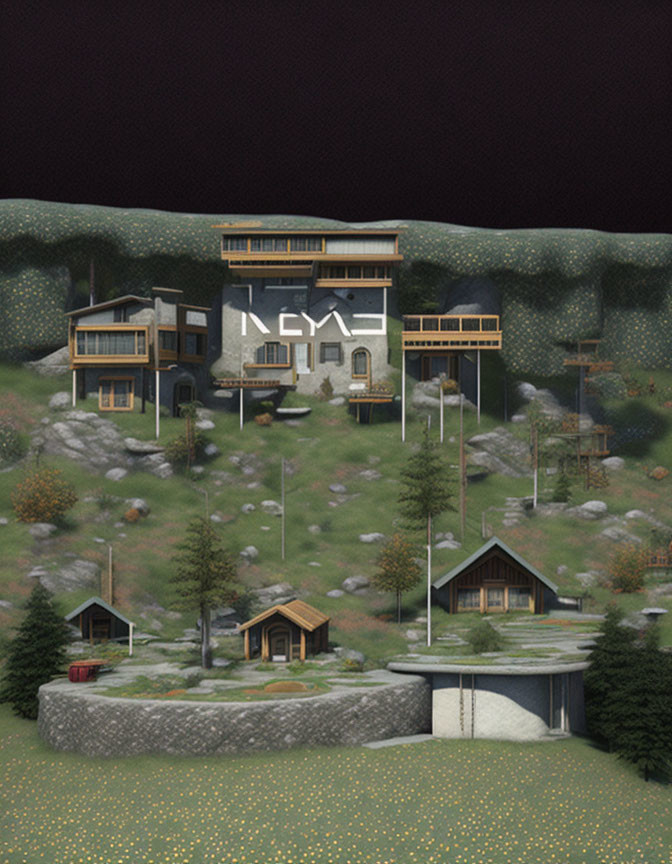 Digital artwork of tiered modern houses on hillside with trees, walkways, and cabins