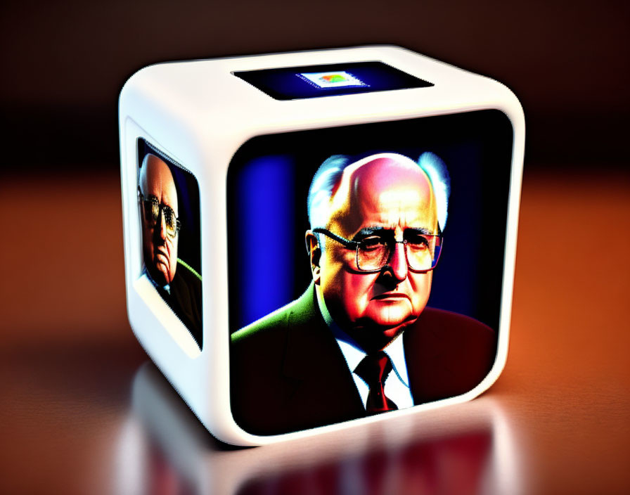 Stylized 3D cube with portraits of an older man on each side