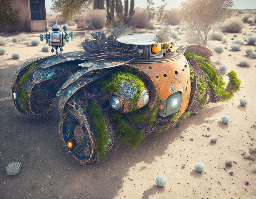 Abandoned futuristic car covered in moss with robot in desert landscape