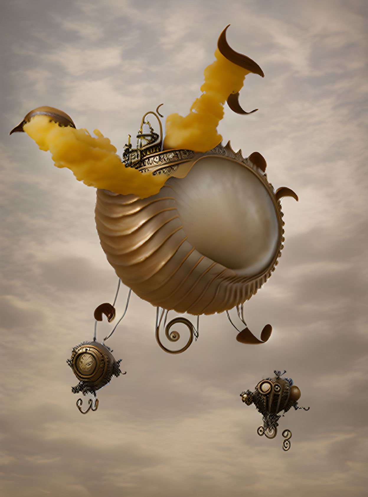 Steampunk airship with large shell and ornate details in cloudy sky