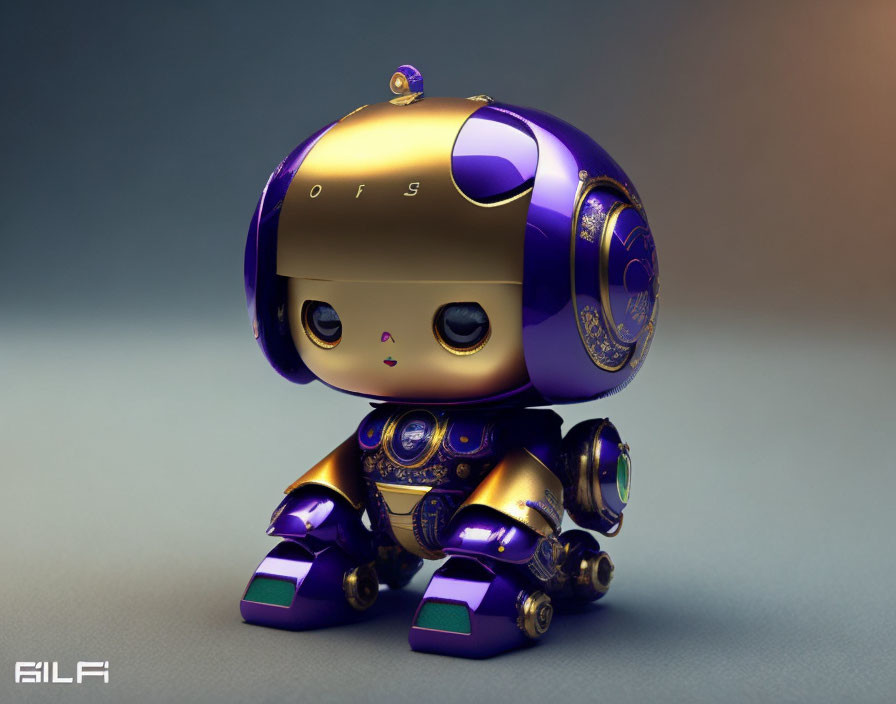 Shiny purple and gold robotic figurine with large eyes on gradient background