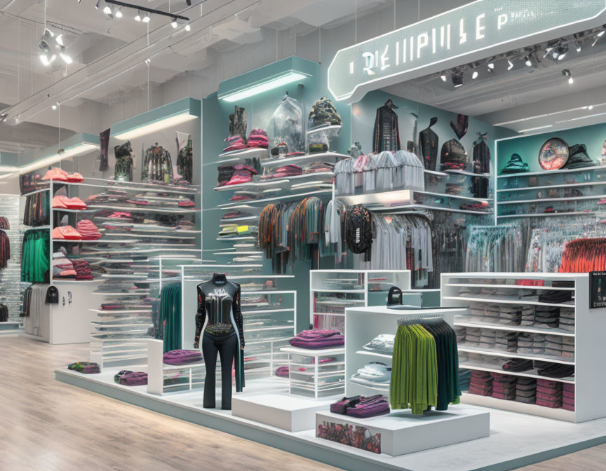 Organized modern clothing store interior with trendy displays and bright lighting