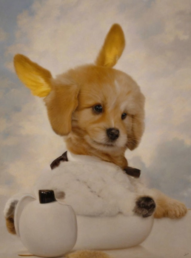 Fluffy puppy with large ears in teapot creates cappuccino illusion