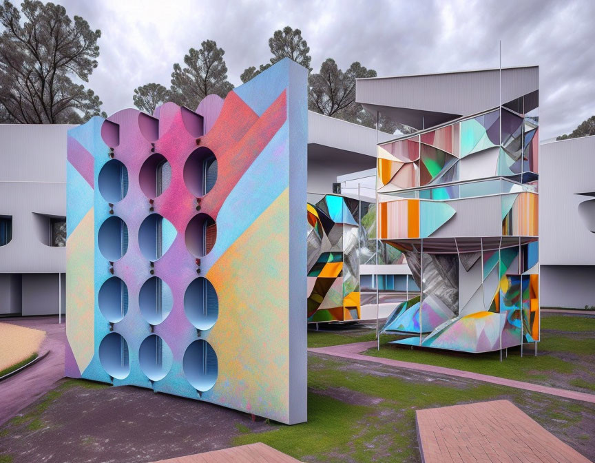 Vibrant geometric patterns on modern architectural facade amid trees