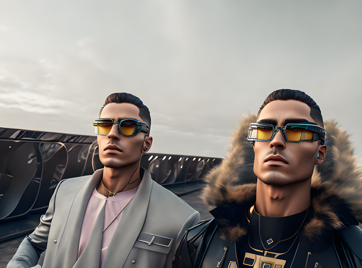 Stylized male figures in sunglasses against cloudy sky backdrop