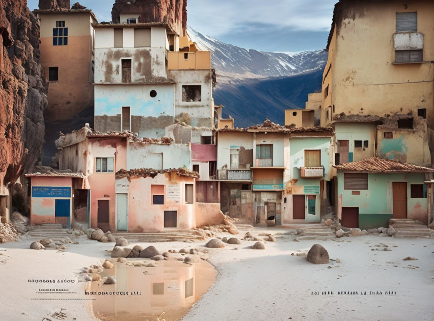 Desolate square with faded, multicolored buildings and barren hills