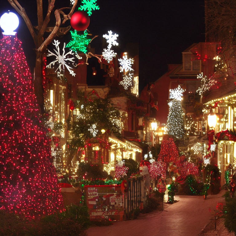 Christmas-themed street scene with red lights and snowflake decorations