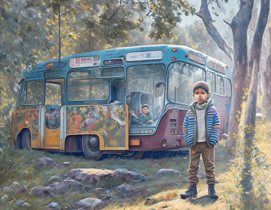 Child standing by vibrant bus in serene forest setting