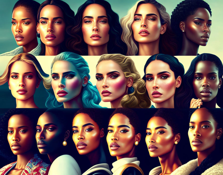 Diverse digital artwork featuring stylized female faces with various skin tones, hairstyles, and makeup