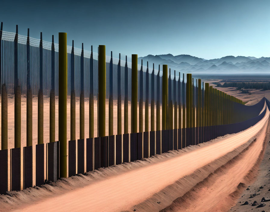 Metal border fence in desert landscape under clear blue sky