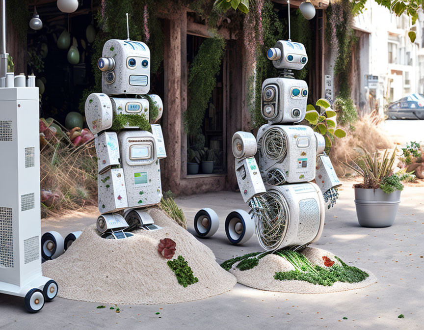 Whimsical household appliance robots on sidewalk display