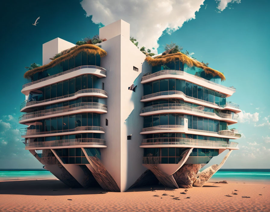 Mirrored split building with balconies on beach under clear sky