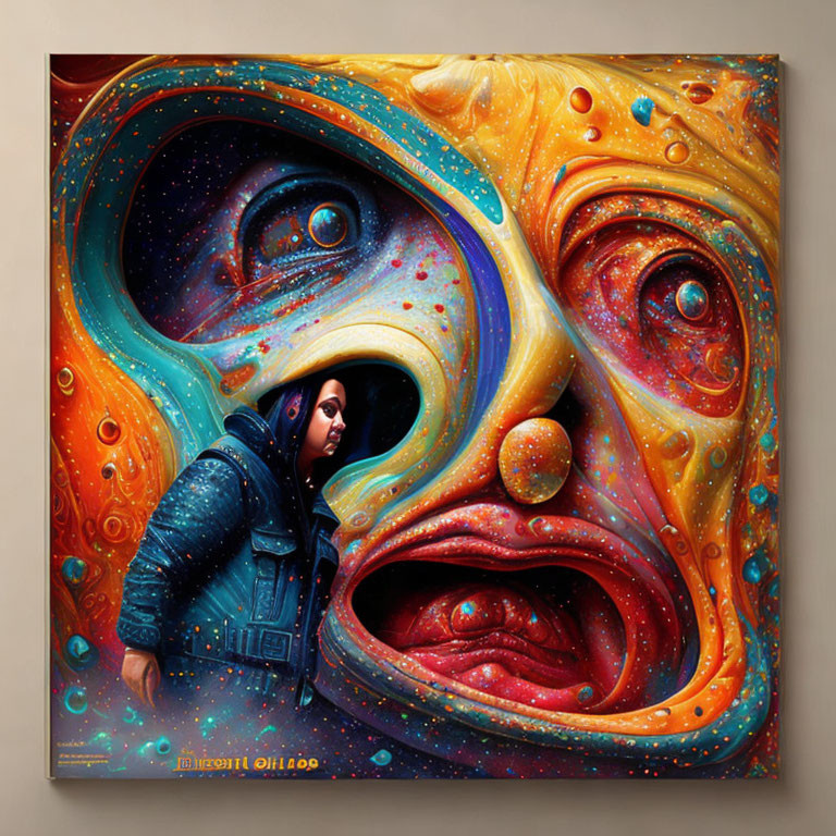 Blue jacket person merges with surreal cosmic face painting