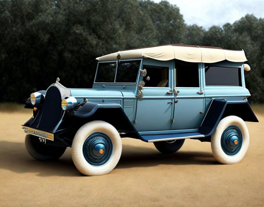 Vintage Blue and Black Car with White-Wall Tires Outdoors