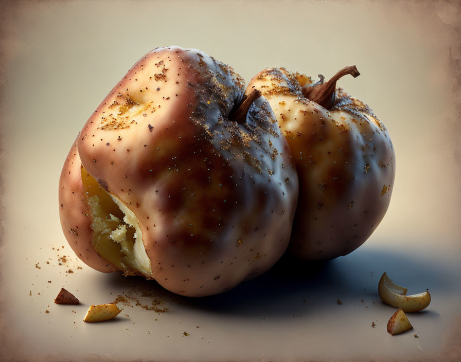 Realistic apples with deceptive interiors: bitten, revealing potatoes