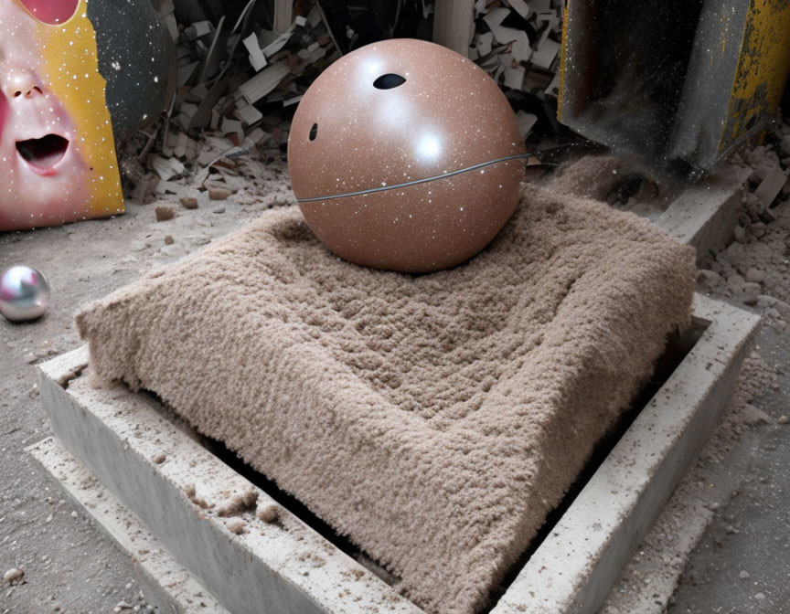 Brown spherical object with holes on beige cushion near startled face poster