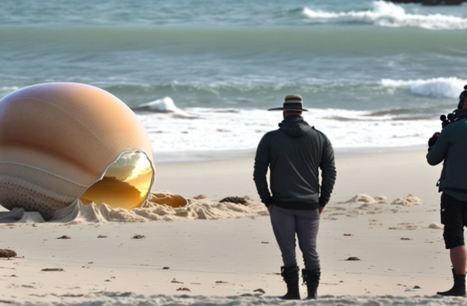 Person in hat and hoodie approaching giant seashell on beach with another person and camera