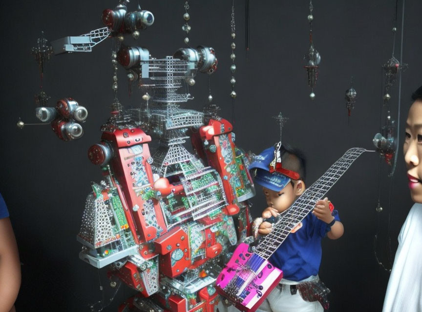 Child playing toy guitar mimics colorful metallic robot sculpture