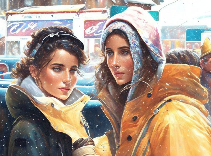 Two women in winter attire with snowy city scene in stylized painting