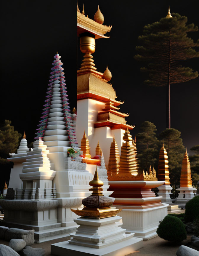 Surreal digital artwork: Asian-style pagodas and stupas in golden accents under dark sky