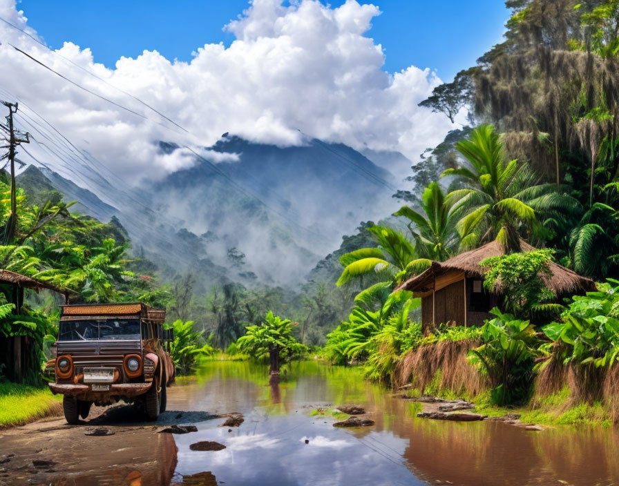 Vintage Vehicle on Muddy Road in Tropical Landscape