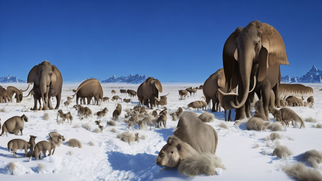 Wildlife: Elephants and sheep in snowy mountain landscape