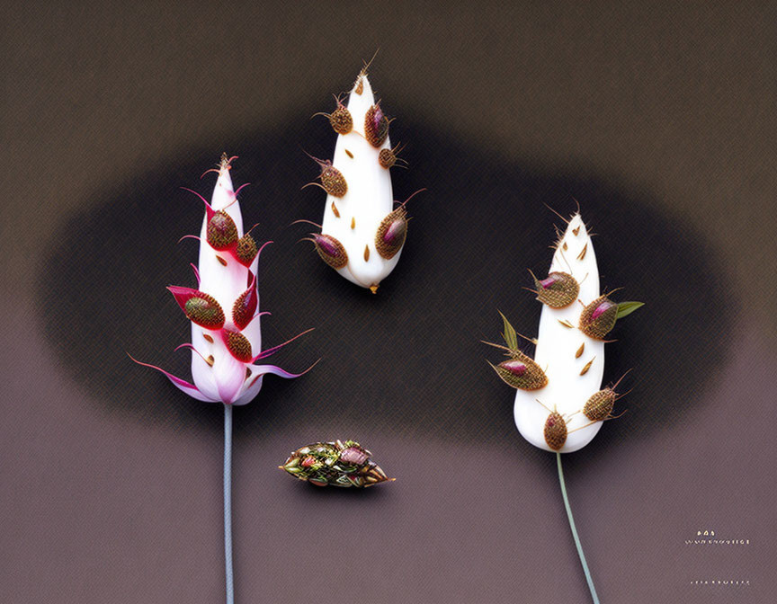 Stylized cactus plants with pink blooms and spikes on brown background