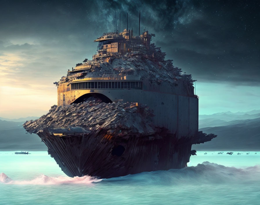 Futuristic ship stranded on shore at dusk