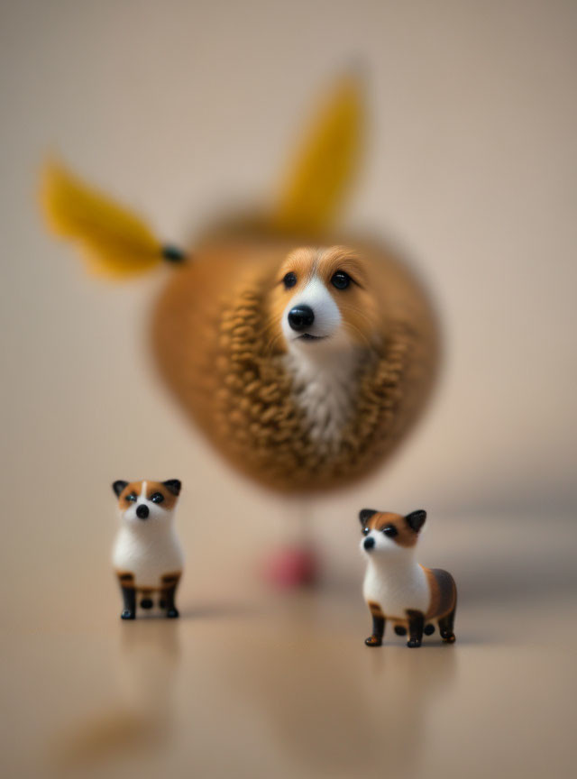 Whimsical photo features dog with blurred wings and surreal foreground dogs.