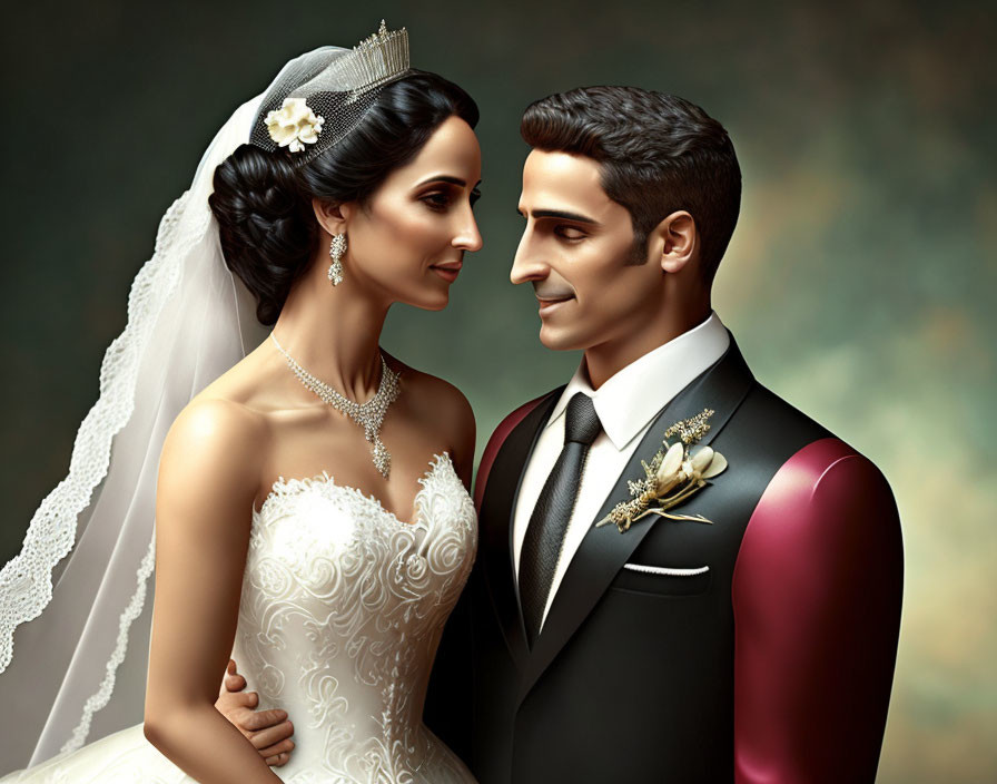 Illustrated bride and groom in wedding attire gazing lovingly.