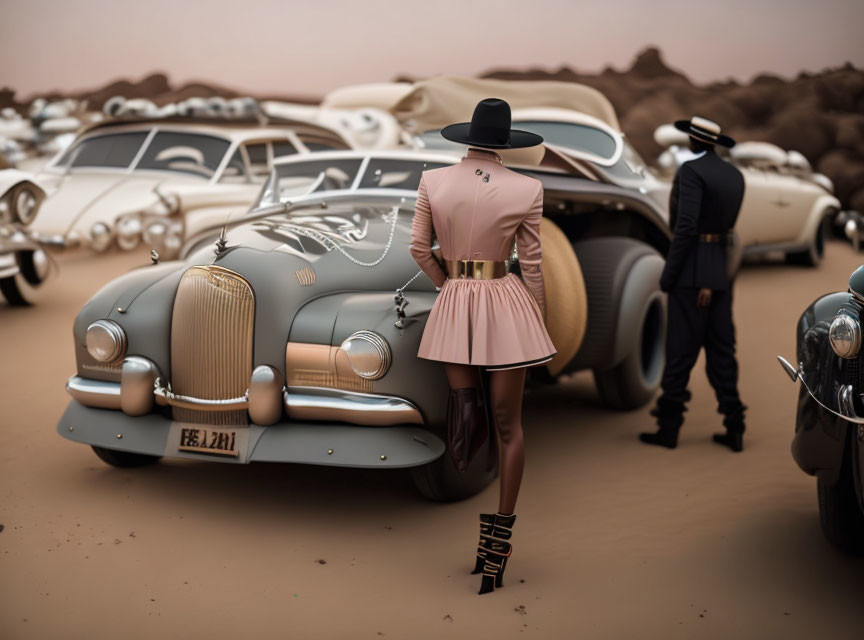 Fashionable couple poses by classic cars in desert landscape