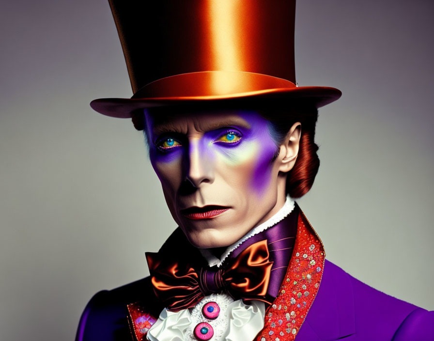 Colorful Suit and Top Hat with Dramatic Makeup: Theatrical and Otherworldly Vibes