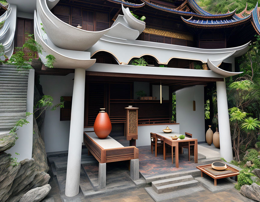 Traditional Asian-style courtyard with wooden table, tea set, urn, and lush greenery.