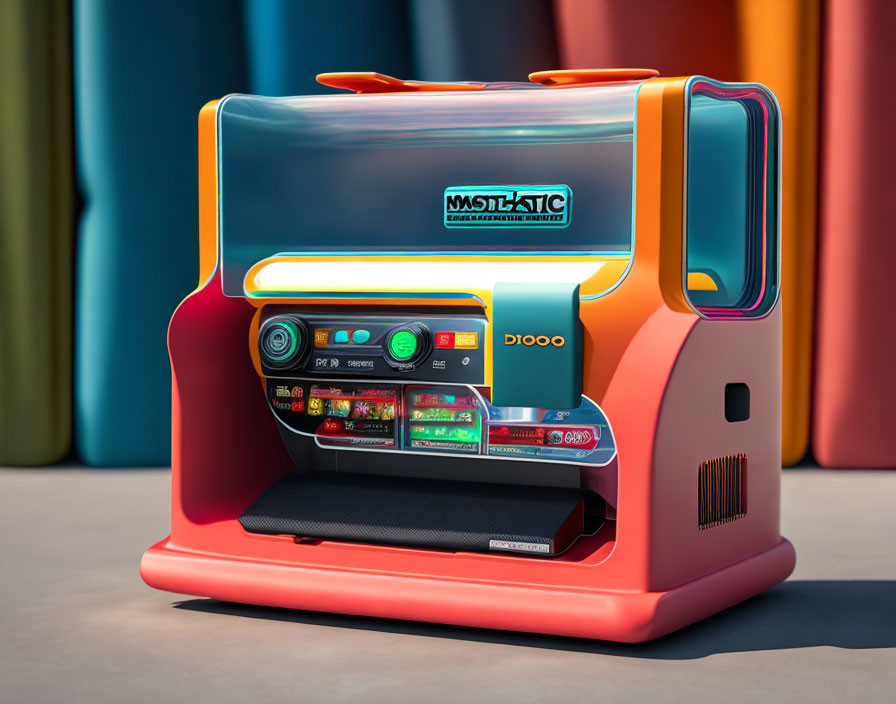 Colorful futuristic arcade gaming machine with digital displays and "MOLTATIC Entertainment System" label