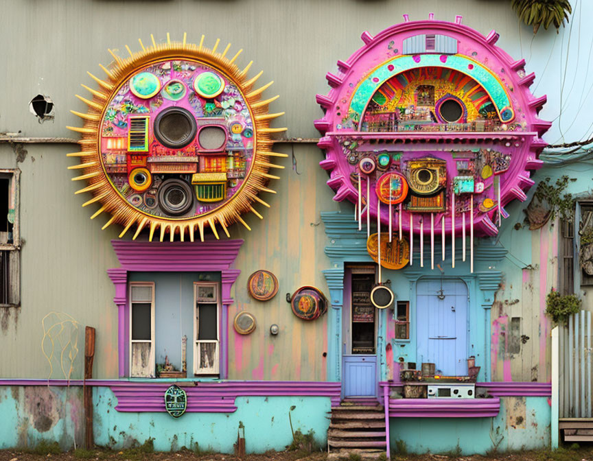 Vibrant, colorful houses with artistic, boombox-themed facades among conventional buildings