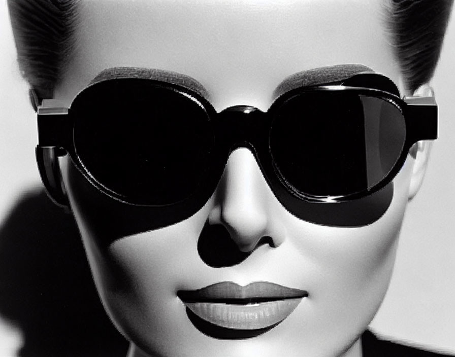 Monochrome close-up of woman in stylish sunglasses and bold lipstick