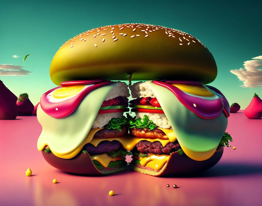 Exaggerated cheeseburger layers on sesame bun in surreal landscape