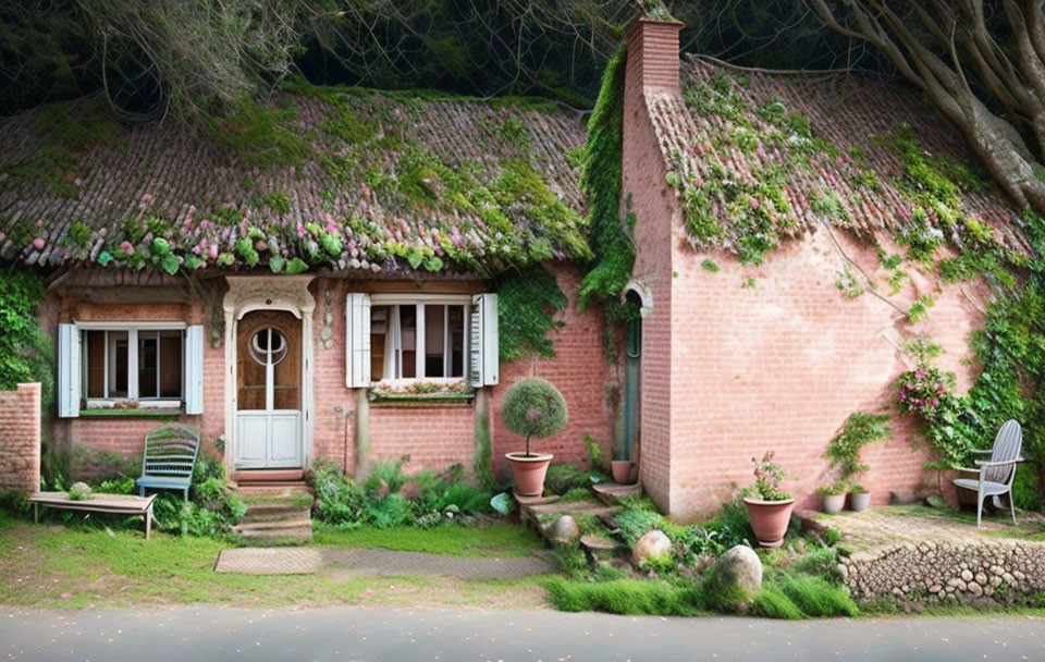 Brick cottage with green roof, white door & window frames surrounded by plants