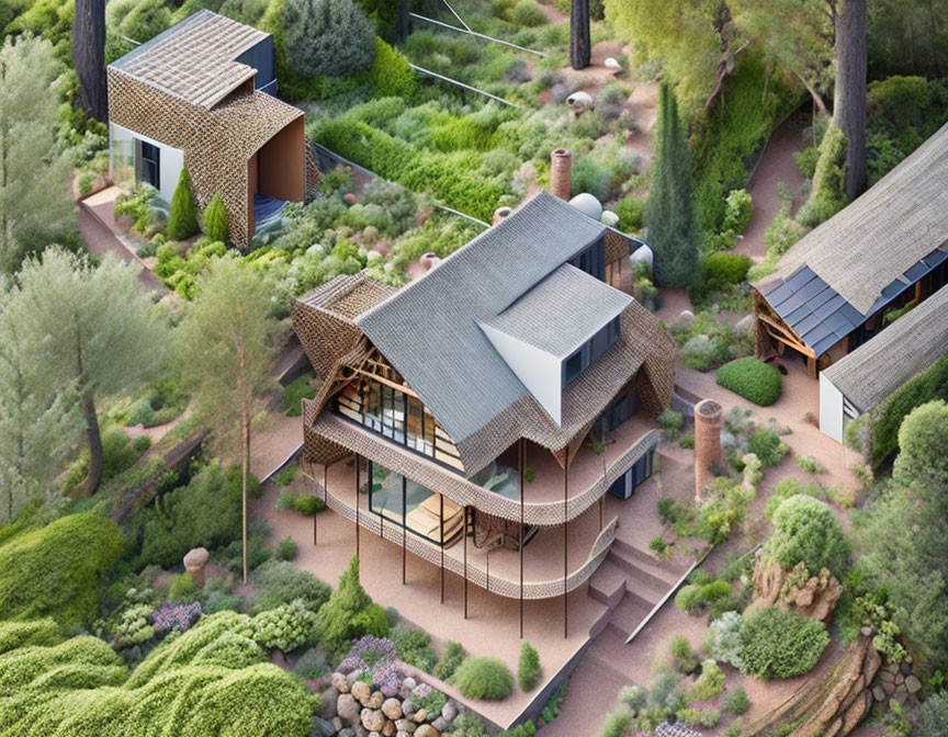 Modern houses with unique roofs in lush green setting