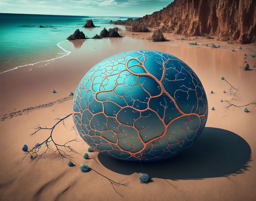 Surreal blue spherical object on sandy beach with intricate patterns