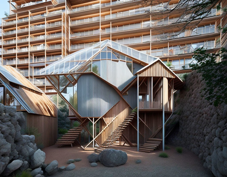 Contemporary wooden structure with glass facade and rock surroundings.