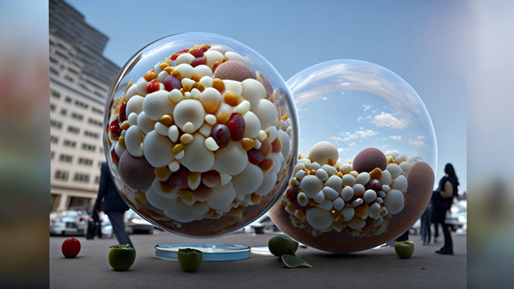 Colorful Candies in Oversized Glass Bowls on City Sidewalk