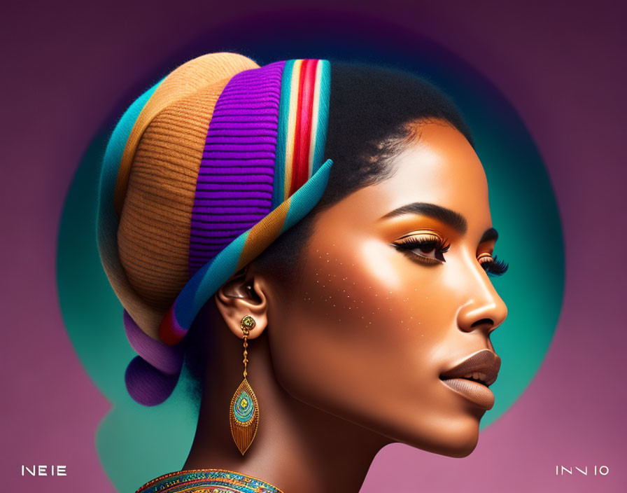 Colorful headwrap and makeup on woman with radiant skin in side profile against purple background