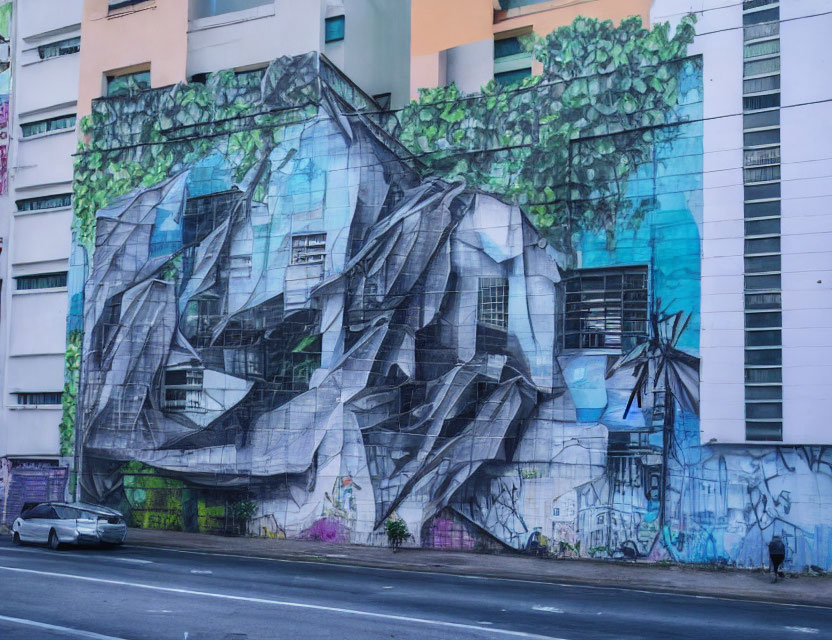 Monochrome graffiti mural on building with abstract shapes and plant elements